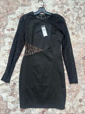 BCBGMaxAzria Black Lace-Trim Long Sleeve Bodycon Dress
